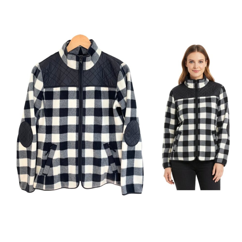 Talbots Jacket Women Small Fleece Plaid Black White Buffalo Check VN1184 Coat